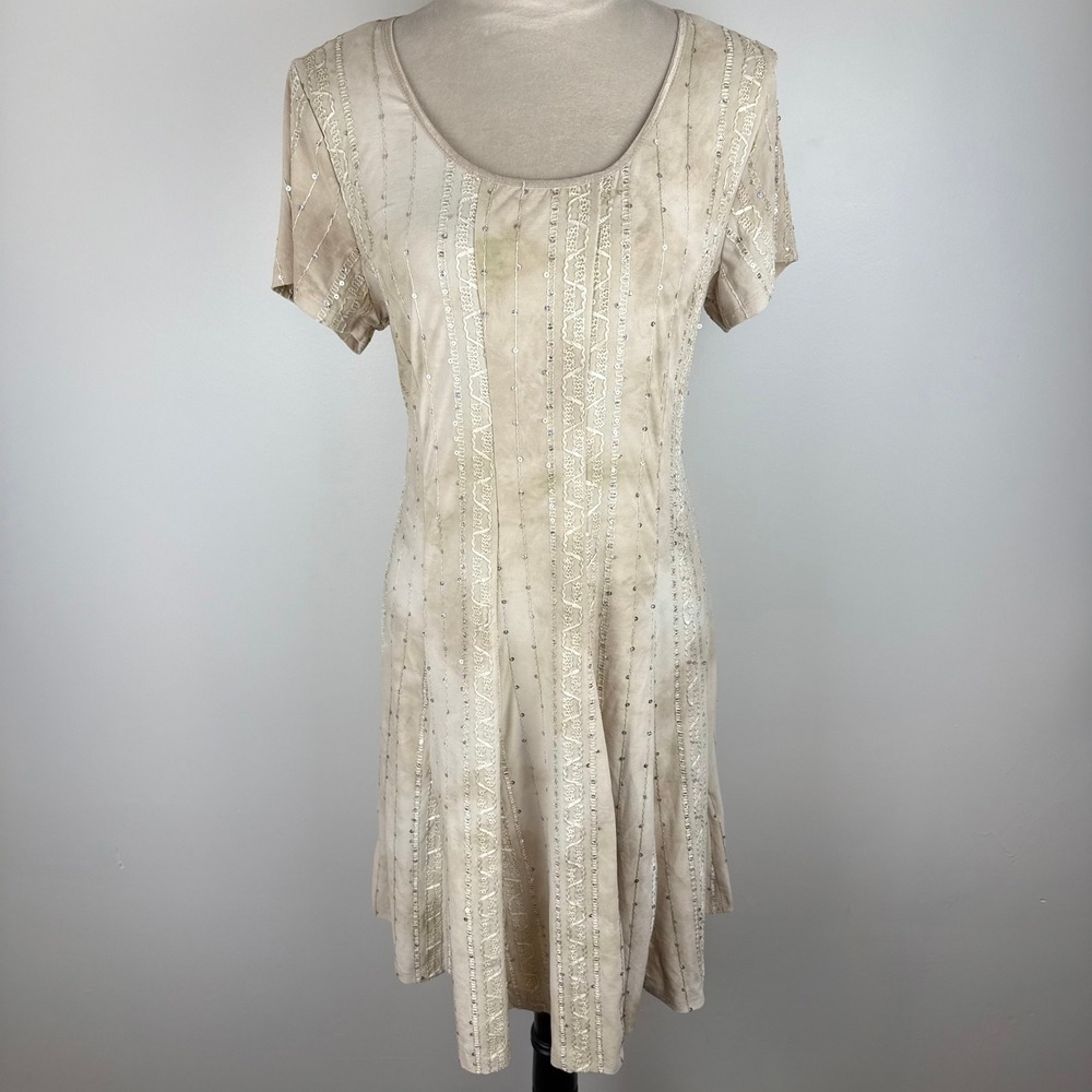 Sami & Jo Plus Womens Beige Tie Dye Full Sequin Embellished Fit & Flare Dress 1X
